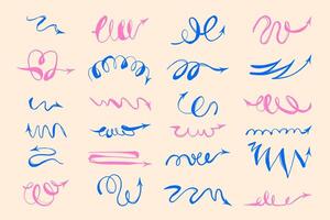 Grungy Pencil Hand Drawn Squiggle Coils and Wavy Doodle Arrows. Scribbled arrow icons for infographics. Freehand sketches of thin spring arrows with loops with abstract curved lines. vector