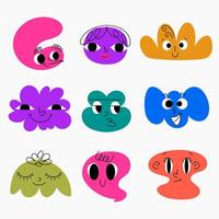 Colorful Doodle Abstract Shapes of Blobs with Faces. Hand drawn organic multicolored funny cartoon avatars. Happy decorative emoticons for kids vector
