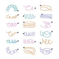 Colorful Set of Pencil Hand Drawn Squiggle Coils and Wavy Doodle Arrows. Scribbled arrow icons for infographics. Freehand sketches of thin spring arrows with loops with abstract curved lines. vector