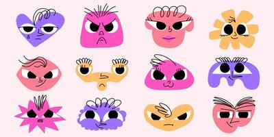 Doodle Abstract Geometrical Shapes of Blobs with Faces. Organic multicolored funny cartoon avatars. Happy decorative emoticons for kids vector