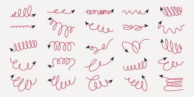 Simple Pencil Hand Drawn Squiggle Coils and Wavy Doodle Arrows. Scribbled arrow icons for infographics. Freehand sketches of thin spring arrows with loops with abstract curved lines. vector