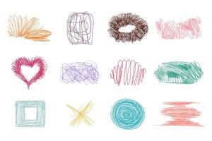 Colorful Hand Drawn Scribble Line Hatching. Collection of chaos doodle brush lines with geometric shapes and subtle texture. Freehand messy and insane artistic scribbles vector