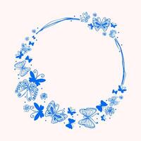 Cute frame with Hand Drawn Butterflies Isolated on White background. Butterfly silhouettes. Doodle insects and chamomile flowers. Elegant botanical design perfect for invitations, banners, web vector