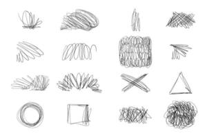 Hand Drawn Scribble Line Hatching. Set of chaos doodle brush lines with geometric shapes and subtle texture. Freehand messy and insane artistic scribbles vector