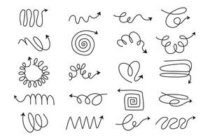 Set of Pencil Hand Drawn Squiggle Coils and Wavy Doodle Arrows. Scribbled arrow icons for infographics. Freehand sketches of thin spring arrows with loops with abstract curved lines. vector