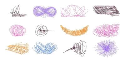 Hand Drawn Scribble Line Hatching. Colorful set of chaos doodle brush lines with geometric shapes and subtle texture. Freehand messy and insane artistic scribbles vector