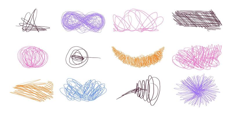 Hand Drawn Scribble Line Hatching. Colorful set of chaos doodle brush lines with geometric shapes and subtle texture. Freehand messy and insane artistic scribbles
