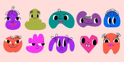 Doodle Abstract Geometrical Shapes of Blobs with Faces. Hand drawn organic multicolored funny cartoon avatars. Decorative emoticons for kids vector