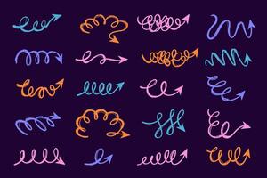 Retro Collection of Pencil Hand Drawn Squiggle Coils and Wavy Doodle Arrows. Scribbled arrow icons for infographics. Freehand sketches of thin spring arrows with loops with abstract curved lines. vector