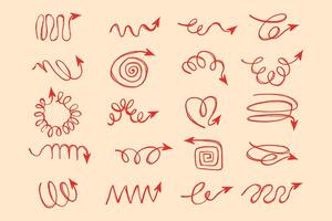 Pencil Hand Drawn Squiggle Coils and Wavy Doodle Arrows. Scribbled arrows for infographics. Freehand sketches of thin spring arrows with loops with abstract curved lines. vector