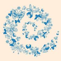 Hand Drawn Blue Butterflies Flying in a Swirl. Butterfly silhouettes. Doodle insects and chamomile flowers. Elegant botanical design perfect for invitations, banners, web, prints, covers. vector