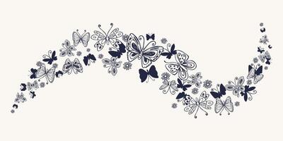 Black Retro Wave with Hand Drawn Butterflies and Cute Small Flowers. Butterfly silhouettes. Doodle insects and chamomile flowers. Elegant botanical design perfect for invitations, banners, web, prints vector