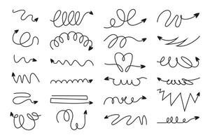 Collection of Pencil Hand Drawn Squiggle Coils and Wavy Doodle Arrows. Scribbled arrow icons for infographics. Freehand sketches of thin spring arrows with loops with abstract curved lines. vector