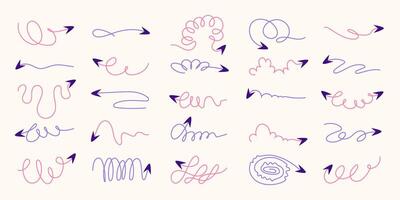 Colorful Freehand Pencil Squiggles and Coils, Wavy Doodle Arrows. Scribbled arrow icons for infographics. Freehand sketches of thin spring arrows with loops with abstract curved lines. vector
