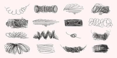 Set of Hand Drawn Scribble Line Hatching. Chaos doodle brush lines with geometric shapes and subtle texture. Freehand messy and insane artistic scribbles vector