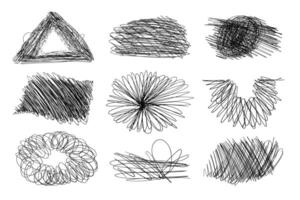 Black and White Hand Drawn Scribble Line Hatching. Collection of chaos doodle brush lines with geometric shapes and subtle texture. Freehand messy and insane artistic scribbles vector