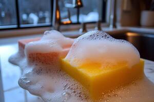 Soap foam and a sponge in a kitchen sink, captured with a shallow depth of field, creating a clean and fresh atmosphere photo