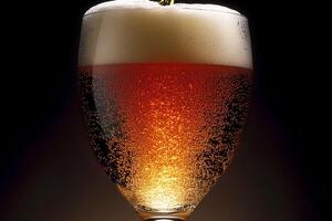 Close-up of a glass of beer with a thick foam head, set against a dark background, highlighting its refreshing appeal photo