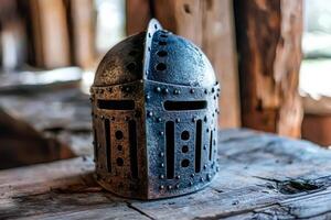 Close-up of a Viking helmet placed on a wooden table, representing the medieval period with intricate details and selective focus photo