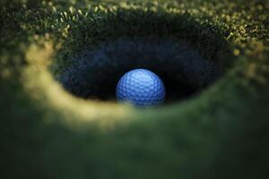 Golf ball resting in the hole on a smooth, well-maintained green grass surface photo