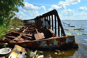 An old rusty shipwreck resting on the shore of a lake during the summer, surrounded by nature and reflecting a sense of history and abandonment photo