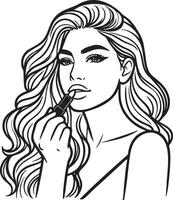 Woman Apply Lipstick Line Illustration. vector