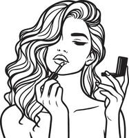A Woman Apply Lipstick Line Art. vector