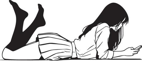 High School Female Student Lying and Using Cellphone Illustration. vector
