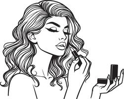 Woman Apply Lipstick Line Art. vector
