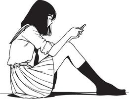 High School Female Student Sitting and Using Cellphone Sketch Drawing. vector