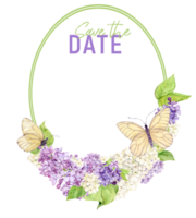 Elegant oval frame with lilac and butterflies. Template with spring flowers with space for text. Greeting card. Illustration for boho wedding design. Save the date template. png