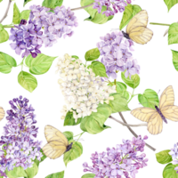 Watercolor background with lilacs and butterflies. Seamless background of spring flowers. Botanical hand drawn illustration for fabric, textile, wallpaper, wrapping paper. png