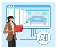 AI Backed Interior Design concept. Woman Using AI Computer for Digital Interior Design Work. vector