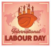 Happy Labor Day Typography with a group of workers and Safety Helmet. vector