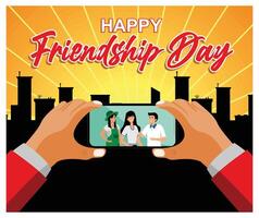 Group of three friends taking a photo with a smart phone vector