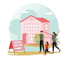 Open house concept. Family Visiting Open House Event for Potential New Home Purchase. vector