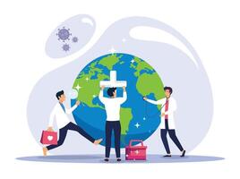 Doctors check the health world globe with a stethoscope in the order of world health day. vector