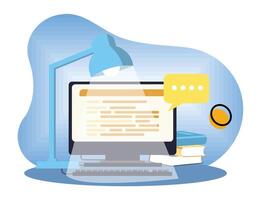 Modern Work Desk with Computer, Keyboard, and Table Lamp. vector