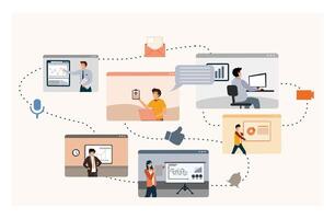 Team communication and project management concept. Men and women discuss project via link. vector