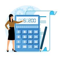 Businesswoman Showing Financial Calculations on a Large Calculator With Reports. vector