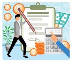 Budget planning. Estimation and financial calculation for tiny person concept. vector