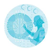 Robotic figure interacts with a digital neural design, symbolizing technology, AI, and innovation. vector