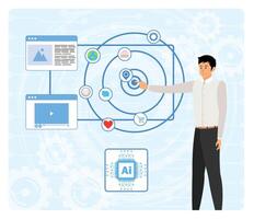 Intelligent interface. Man Interacting with AI Powered Application Interface for Business Insights. vector