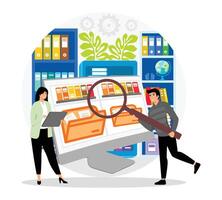 Office workers organizing data storage and file archive on server or computer with Magnifying Glass. vector