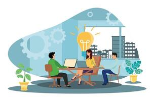 Team of colleagues thinking of new ideas. Brainstorm or start up scene, light bulb, company persons with skills. vector