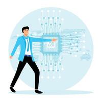 Embrace innovation and navigate the future of intelligent technology. Business visionary points to AI letter on a world map, symbolizing the strategic utilization of AI in global business. vector
