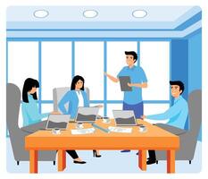 Meeting client. Team Collaborating in a Modern Office with Laptops and Documents. vector