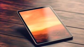 tablet screen close up, on the screen is a mountain landscape in orange tones, the tablet isometric view lies on a wooden table photo