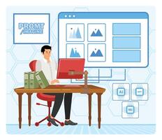 Graphic designer using AI technology for work. vector