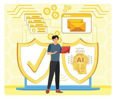 AI Enhanced Phishing Protection. Man Using Laptop with AI and Cyber security Elements. vector